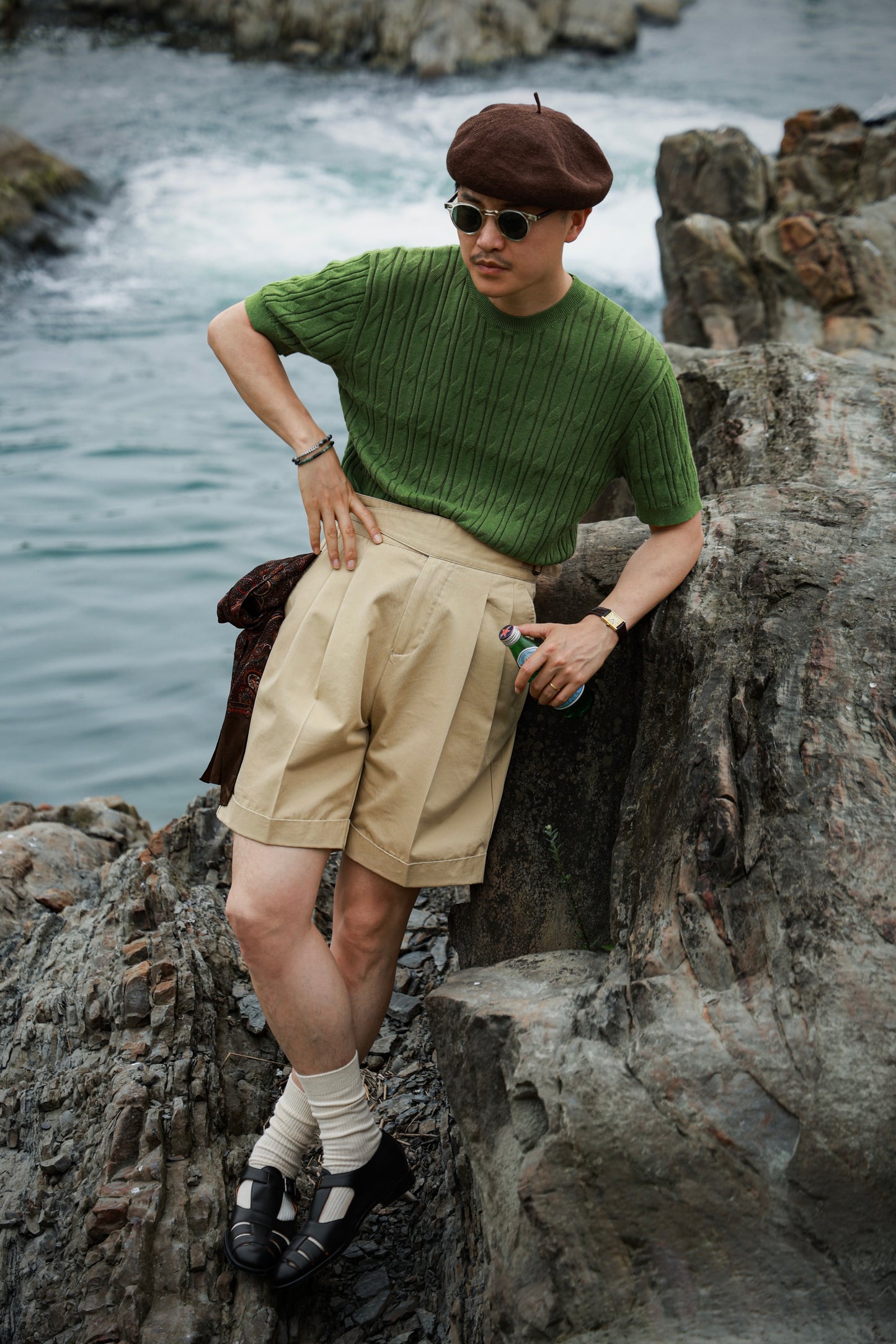 「Bamboo Emerald」cable stitch linen Unisex Dropped-shoulder sleeve Knit Short-Sleeve T-Shirt