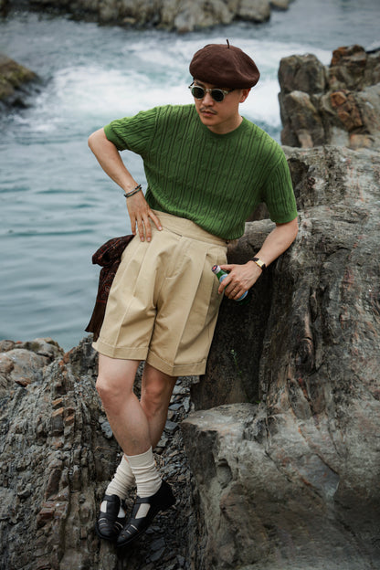 「Bamboo Emerald」cable stitch linen Unisex Dropped-shoulder sleeve Knit Short-Sleeve T-Shirt
