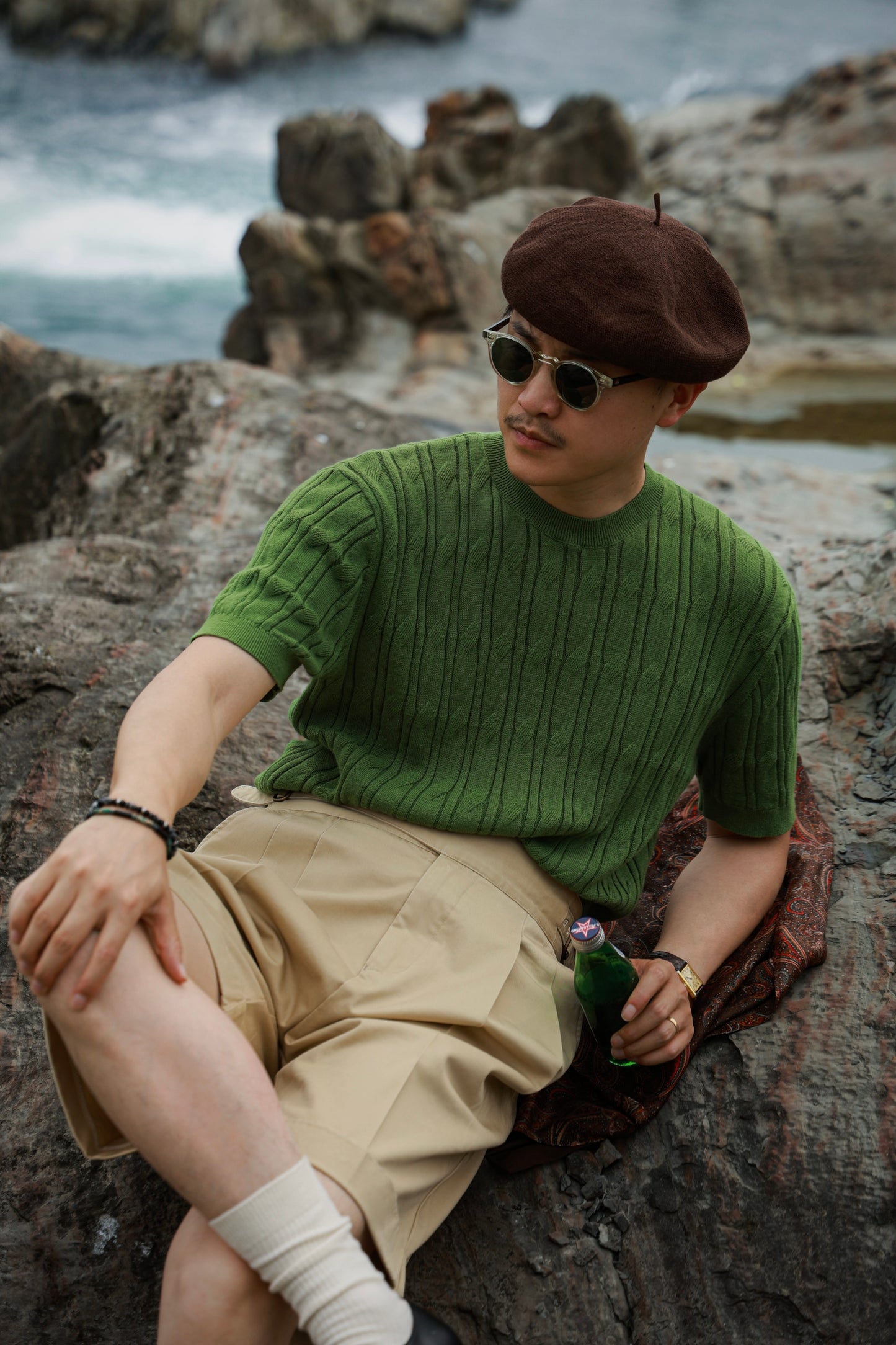 「Bamboo Emerald」cable stitch linen Unisex Dropped-shoulder sleeve Knit Short-Sleeve T-Shirt