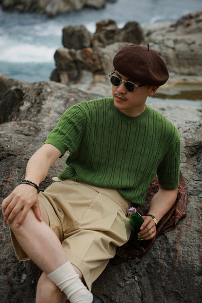 「Bamboo Emerald」cable stitch linen Unisex Dropped-shoulder sleeve Knit Short-Sleeve T-Shirt