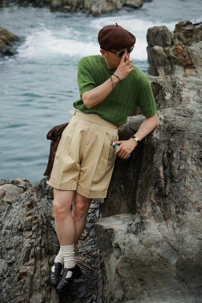 「Bamboo Emerald」cable stitch linen Unisex Dropped-shoulder sleeve Knit Short-Sleeve T-Shirt