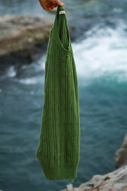 「Bamboo Emerald」cable stitch linen Unisex Dropped-shoulder sleeve Knit Short-Sleeve T-Shirt