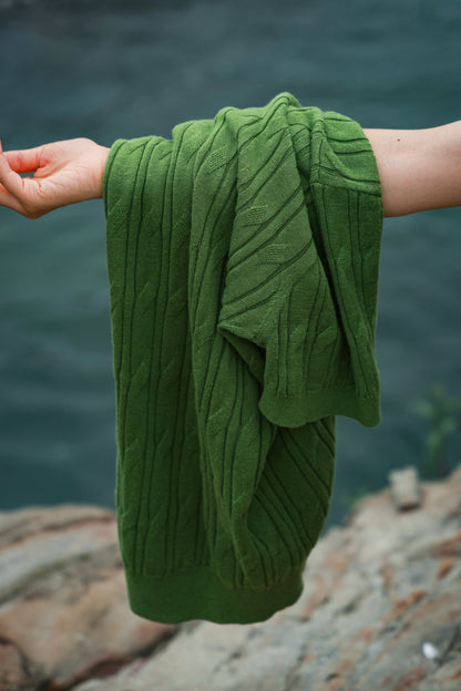 「Bamboo Emerald」cable stitch linen Unisex Dropped-shoulder sleeve Knit Short-Sleeve T-Shirt