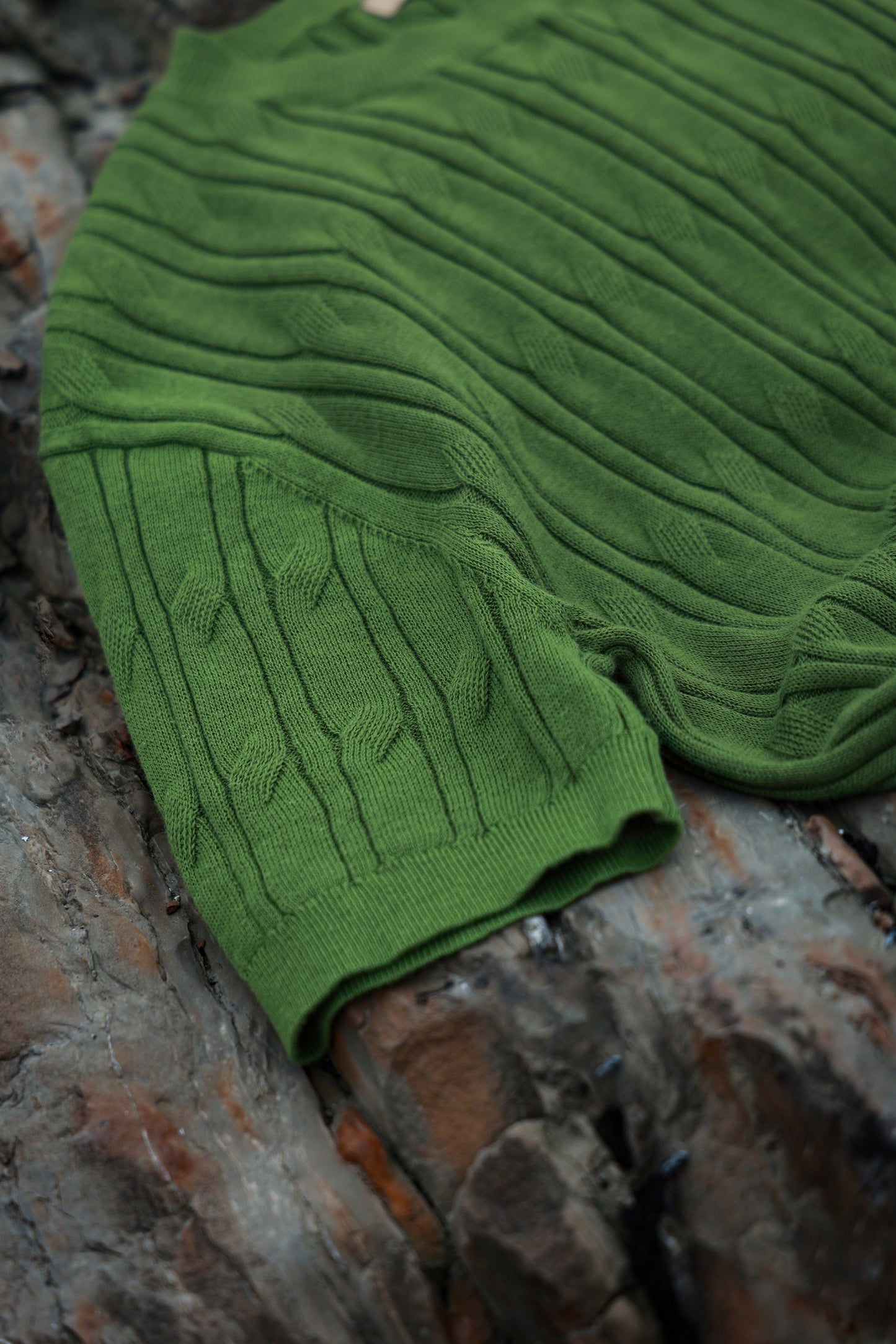 「Bamboo Emerald」cable stitch linen Unisex Dropped-shoulder sleeve Knit Short-Sleeve T-Shirt