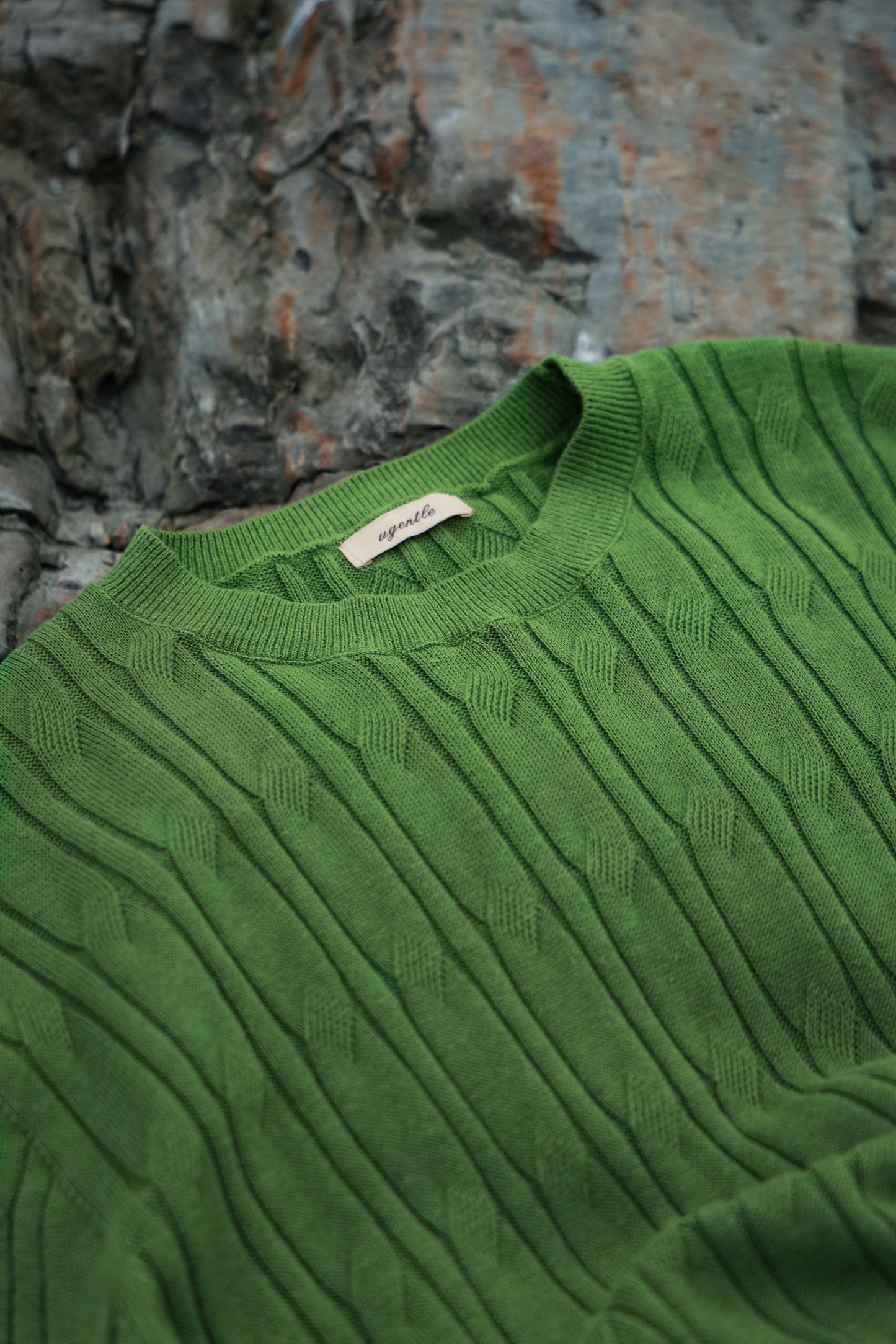 「Bamboo Emerald」cable stitch linen Unisex Dropped-shoulder sleeve Knit Short-Sleeve T-Shirt