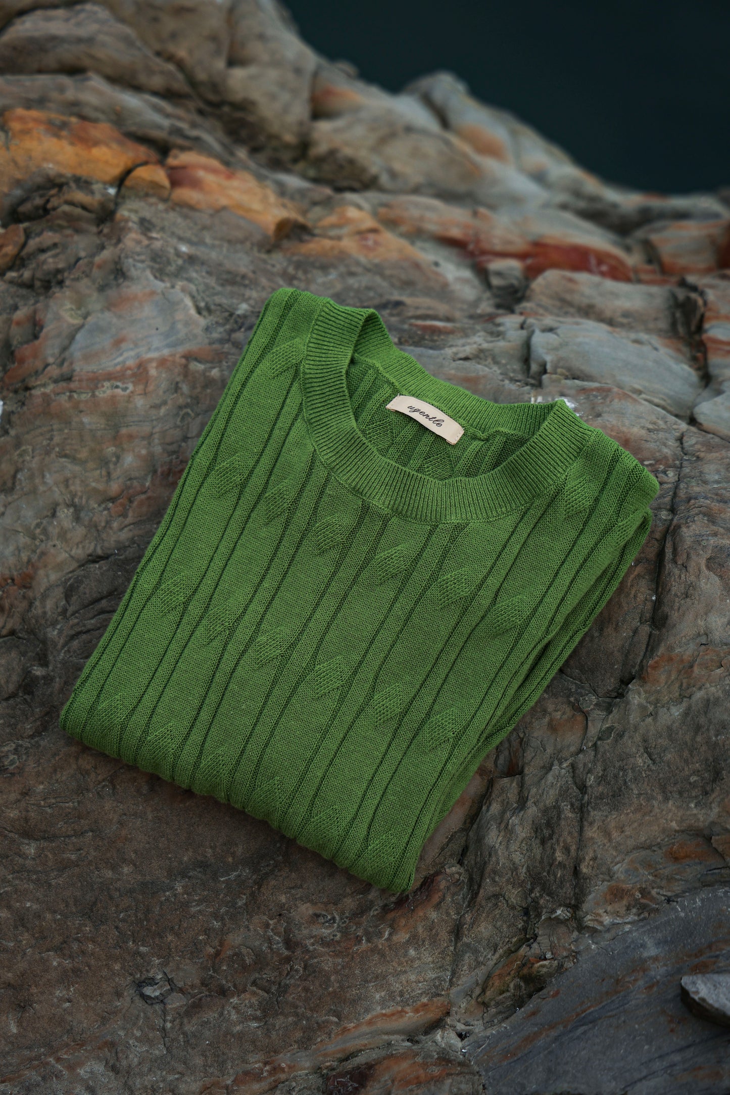 「Bamboo Emerald」cable stitch linen Unisex Dropped-shoulder sleeve Knit Short-Sleeve T-Shirt