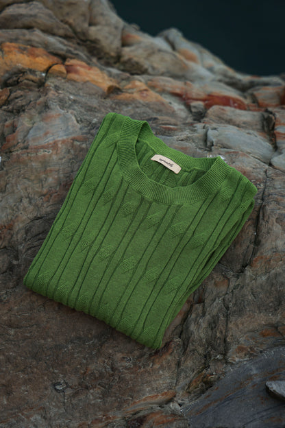 「Bamboo Emerald」cable stitch linen Unisex Dropped-shoulder sleeve Knit Short-Sleeve T-Shirt