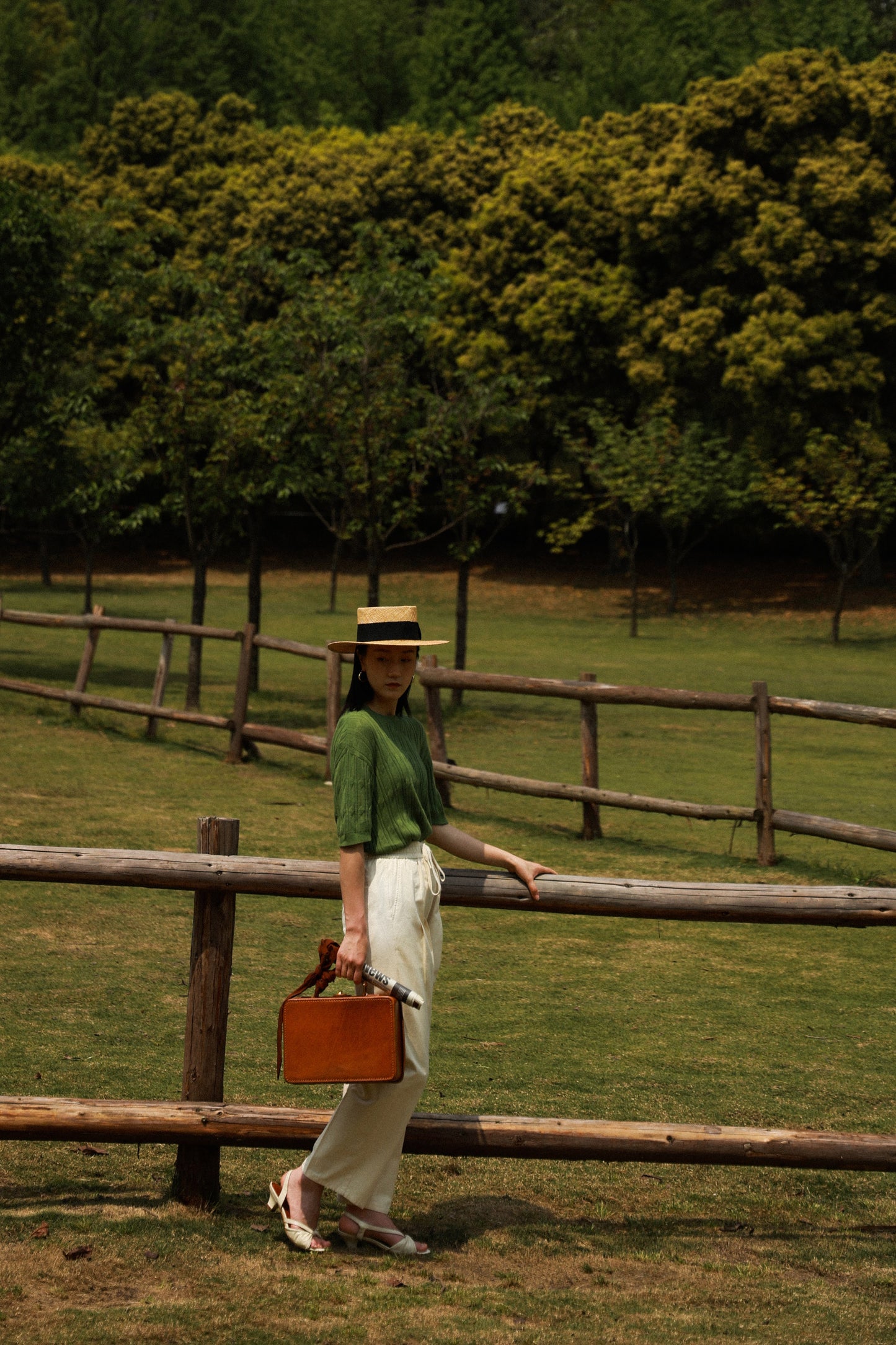 「Bamboo Emerald」cable stitch linen Unisex Dropped-shoulder sleeve Knit Short-Sleeve T-Shirt