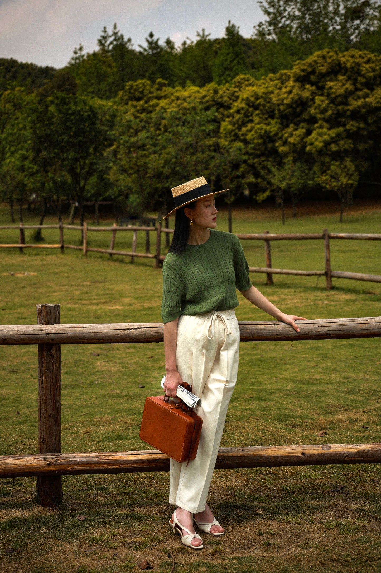 「Bamboo Emerald」cable stitch linen Unisex Dropped-shoulder sleeve Knit Short-Sleeve T-Shirt