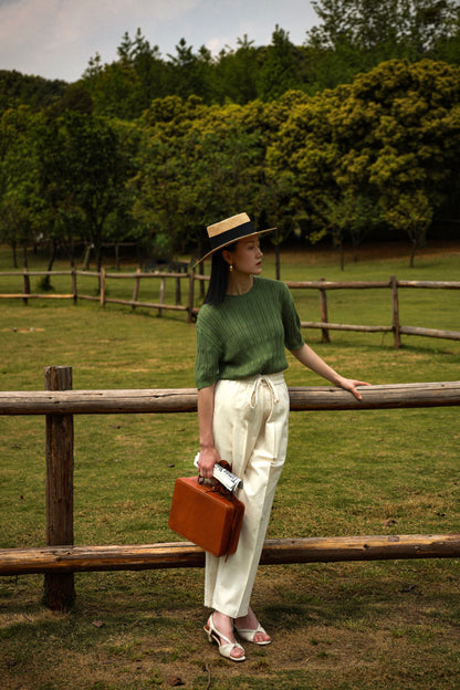 「Bamboo Emerald」cable stitch linen Unisex Dropped-shoulder sleeve Knit Short-Sleeve T-Shirt