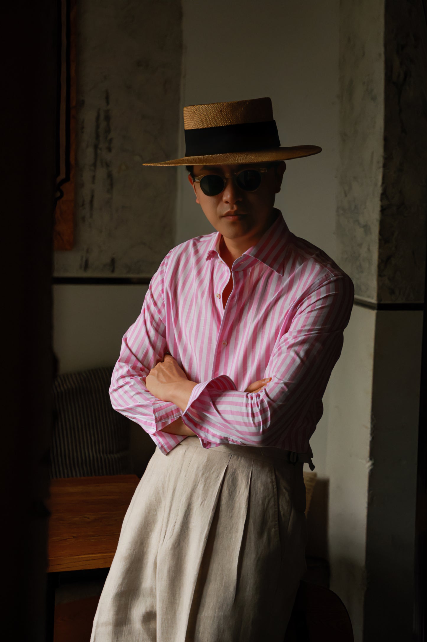 Spread Collar Shirt — Pink wide stripe