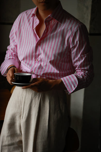 Spread Collar Shirt — Pink wide stripe