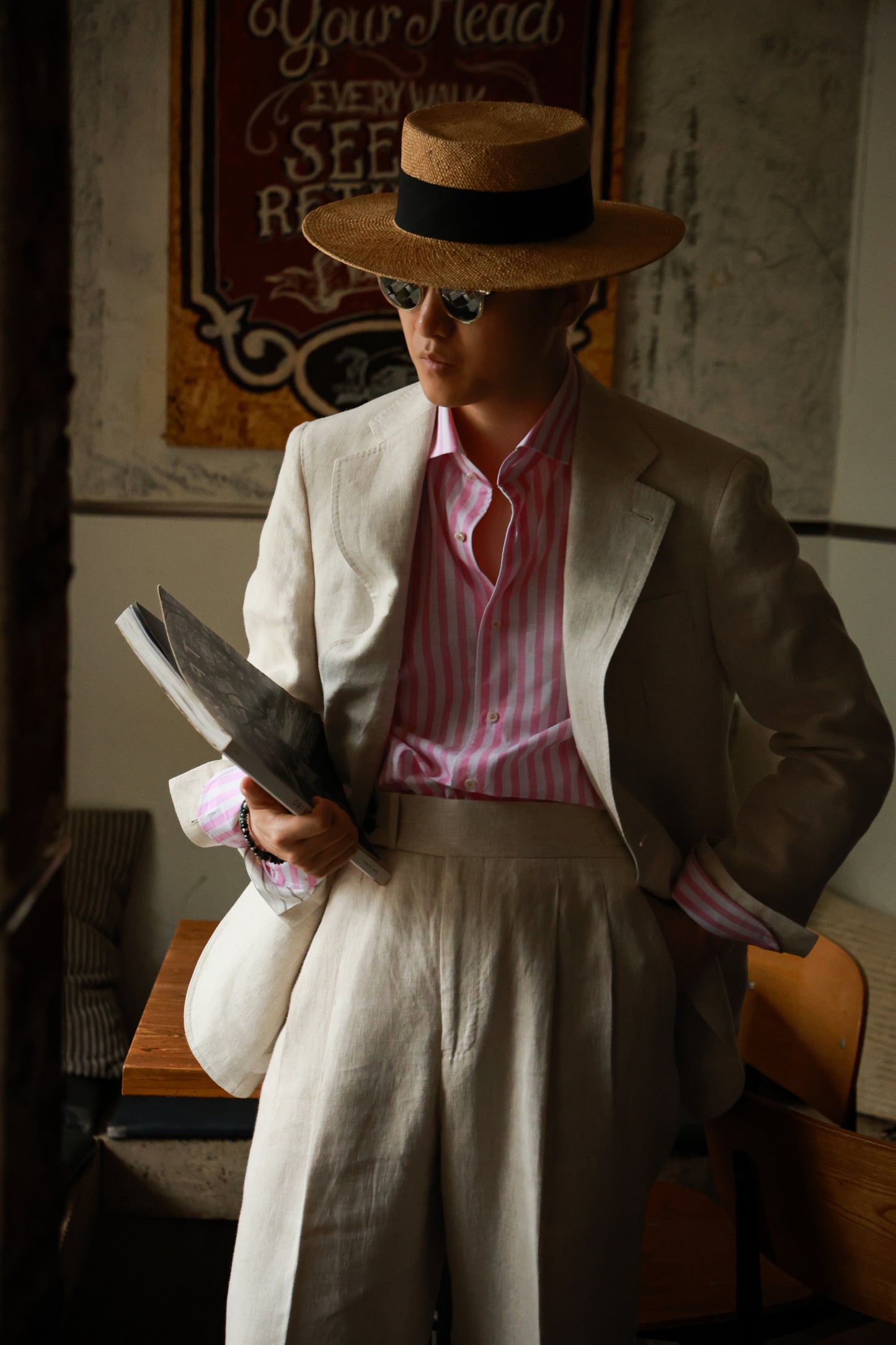 Spread Collar Shirt — Pink wide stripe