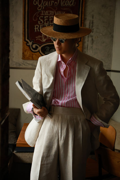 Spread Collar Shirt — Pink wide stripe