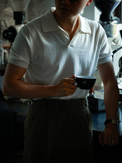 「Elegant White」Cotton-cashmere Blend One-piece Collar Unisex Knit Short-Sleeve Polo Shirt