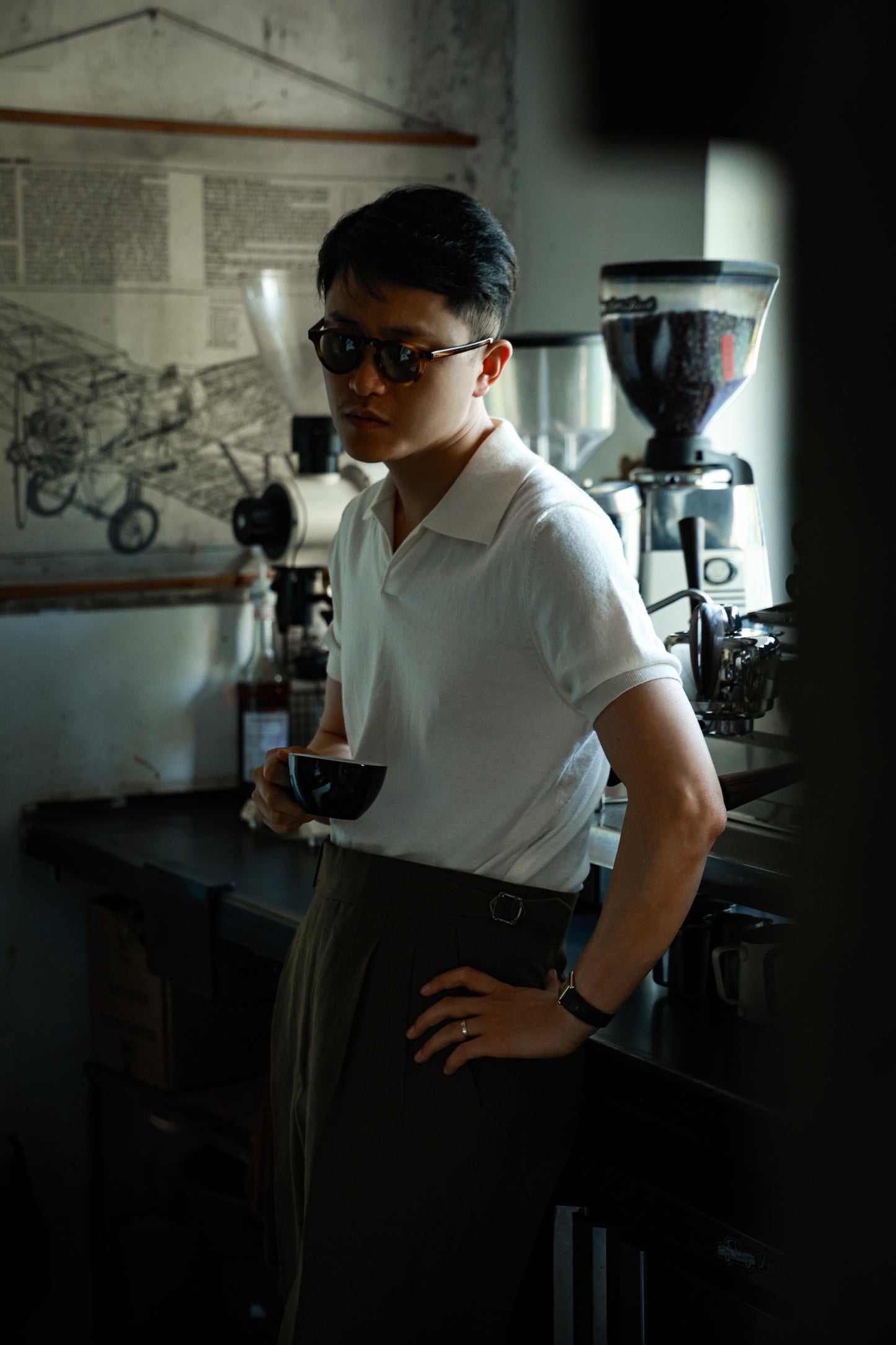 「Elegant White」Cotton-cashmere Blend One-piece Collar Unisex Knit Short-Sleeve Polo Shirt