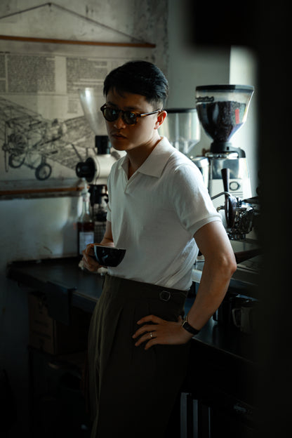 「Elegant White」Cotton-cashmere Blend One-piece Collar Unisex Knit Short-Sleeve Polo Shirt