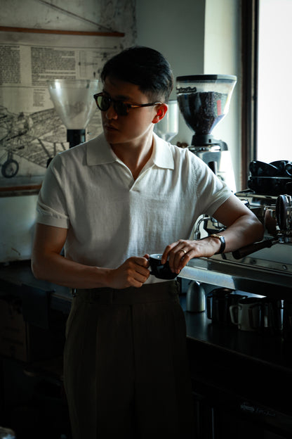 「Elegant White」Cotton-cashmere Blend One-piece Collar Unisex Knit Short-Sleeve Polo Shirt