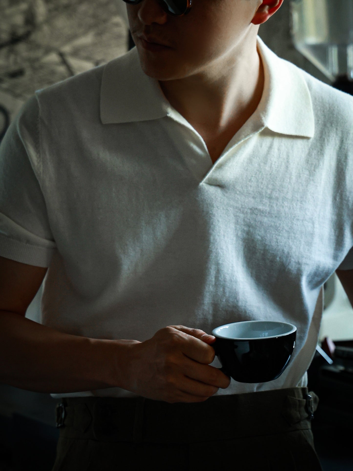 「Elegant White」Cotton-cashmere Blend One-piece Collar Unisex Knit Short-Sleeve Polo Shirt