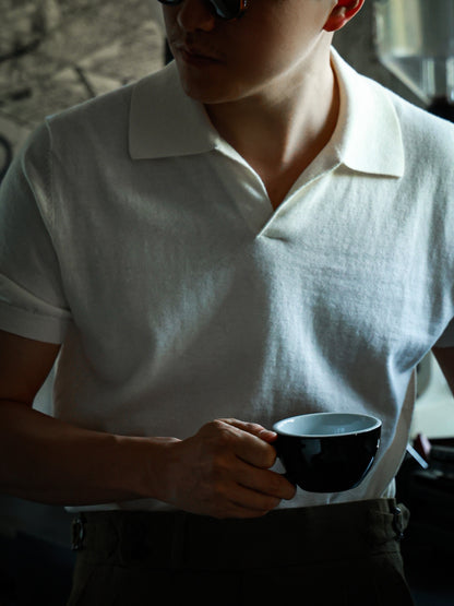 「Elegant White」Cotton-cashmere Blend One-piece Collar Unisex Knit Short-Sleeve Polo Shirt
