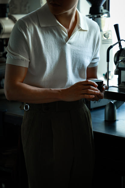 「Elegant White」Cotton-cashmere Blend One-piece Collar Unisex Knit Short-Sleeve Polo Shirt