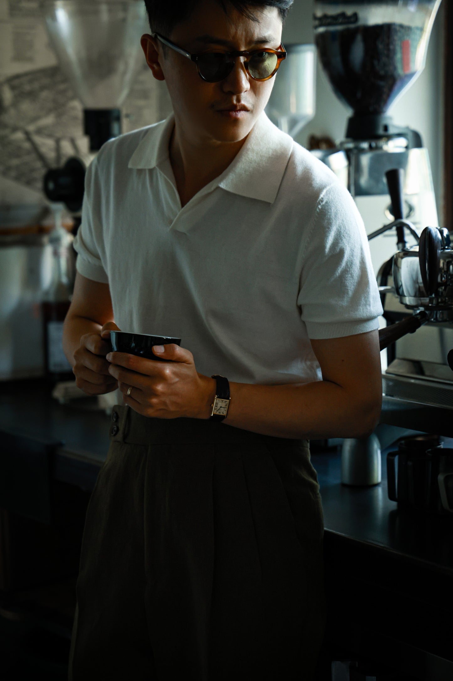 「Elegant White」Cotton-cashmere Blend One-piece Collar Unisex Knit Short-Sleeve Polo Shirt