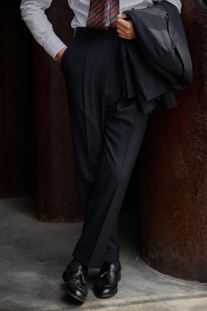 「Louvre Phantom Blue」Suit Trousers with Parisian Side Adjusters and Single-Pleated
