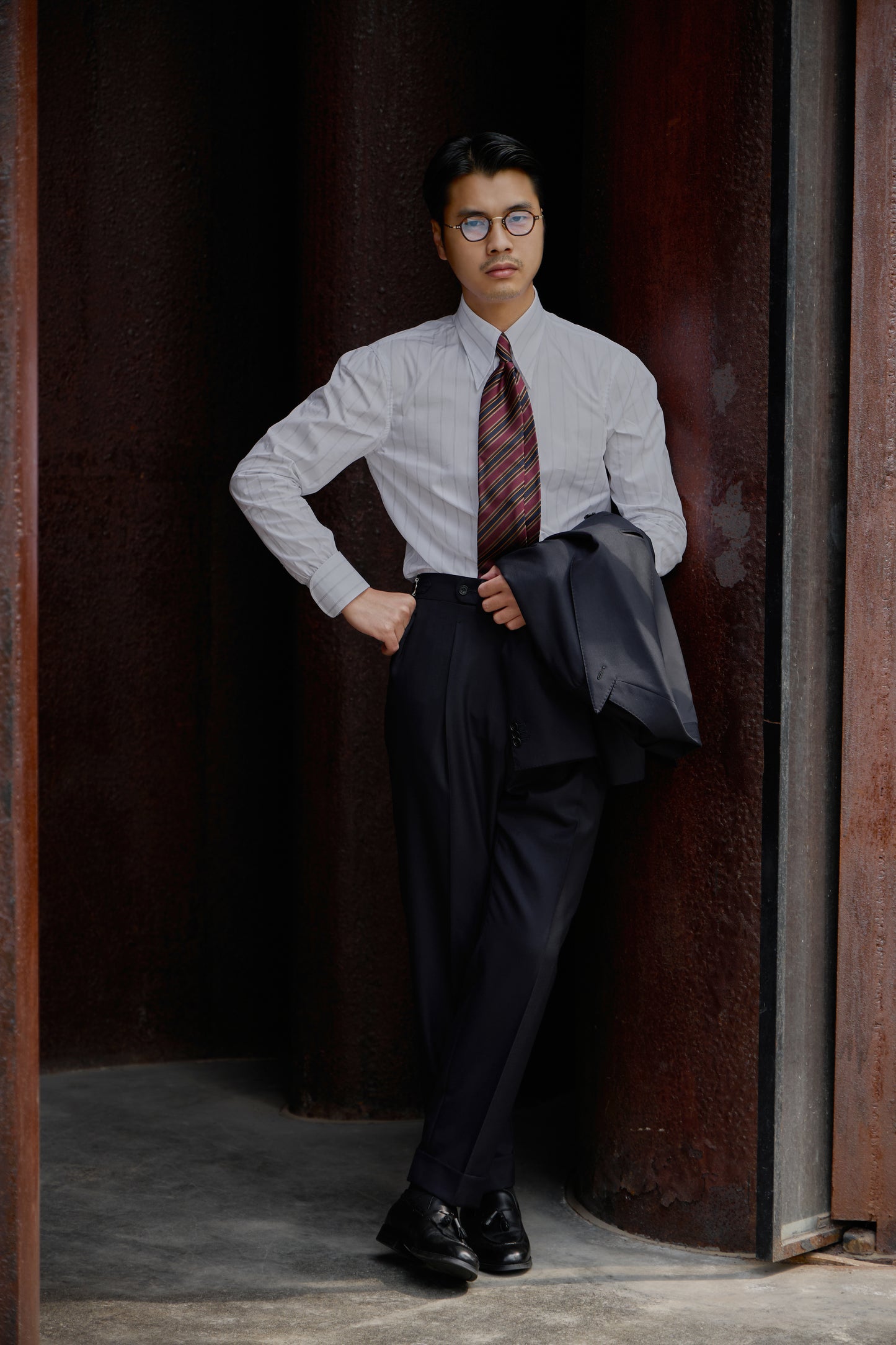 「Louvre Phantom Blue」Suit Trousers with Parisian Side Adjusters and Single-Pleated