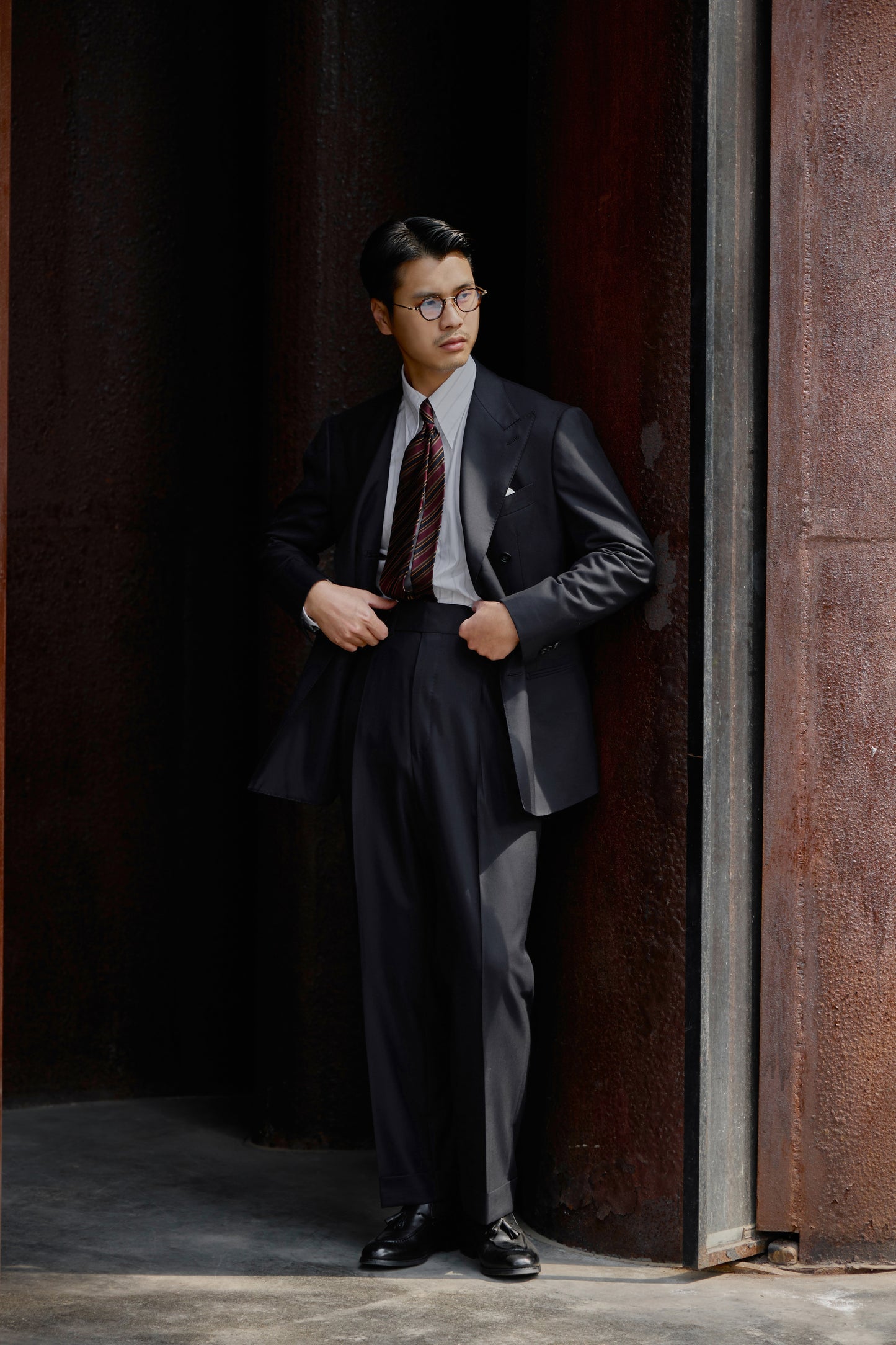 「Louvre Phantom Blue」Suit Trousers with Parisian Side Adjusters and Double-Pleated