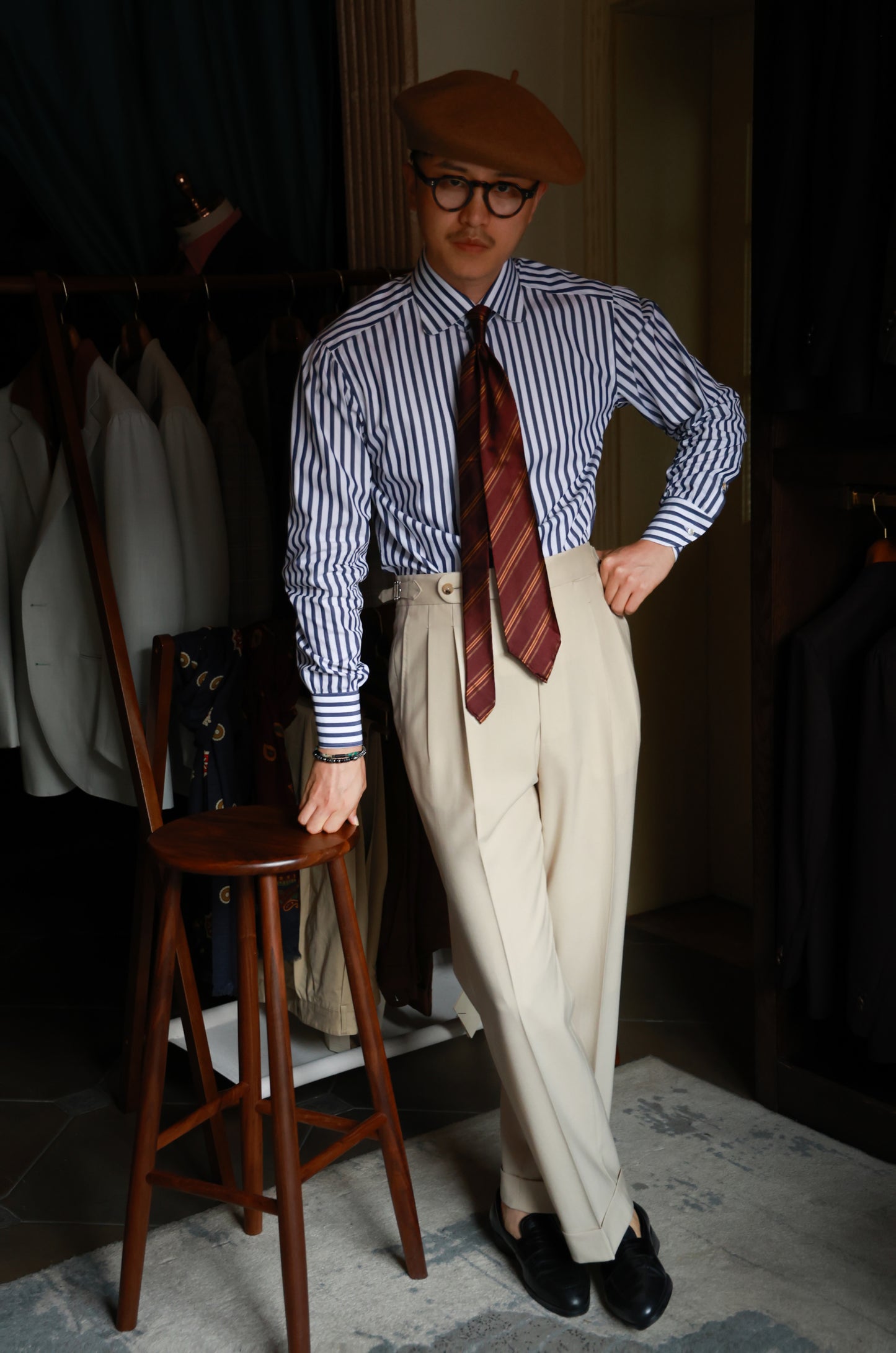 "Prussian Blue Stripe" Vintage Rounded Collar Handmade Seven-Step Shirt 