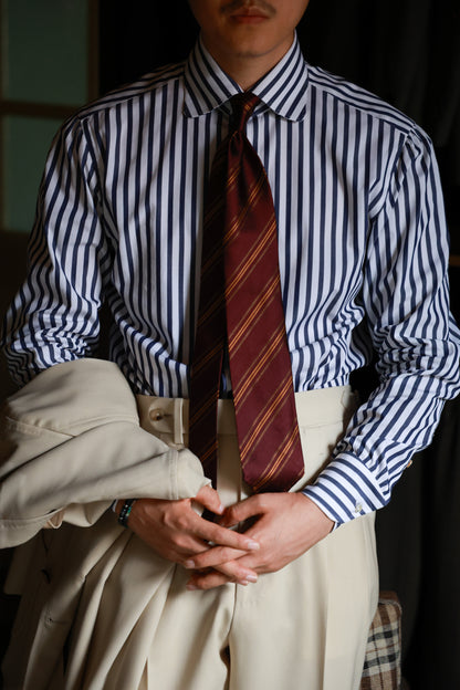 "Prussian Blue Stripe" Vintage Rounded Collar Handmade Seven-Step Shirt 