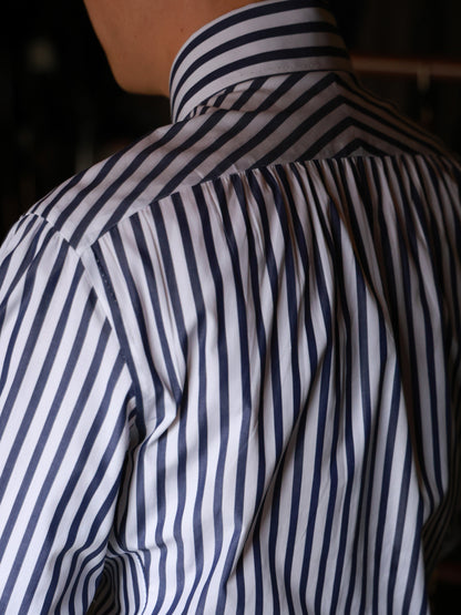 "Prussian Blue Stripe" Vintage Rounded Collar Handmade Seven-Step Shirt 