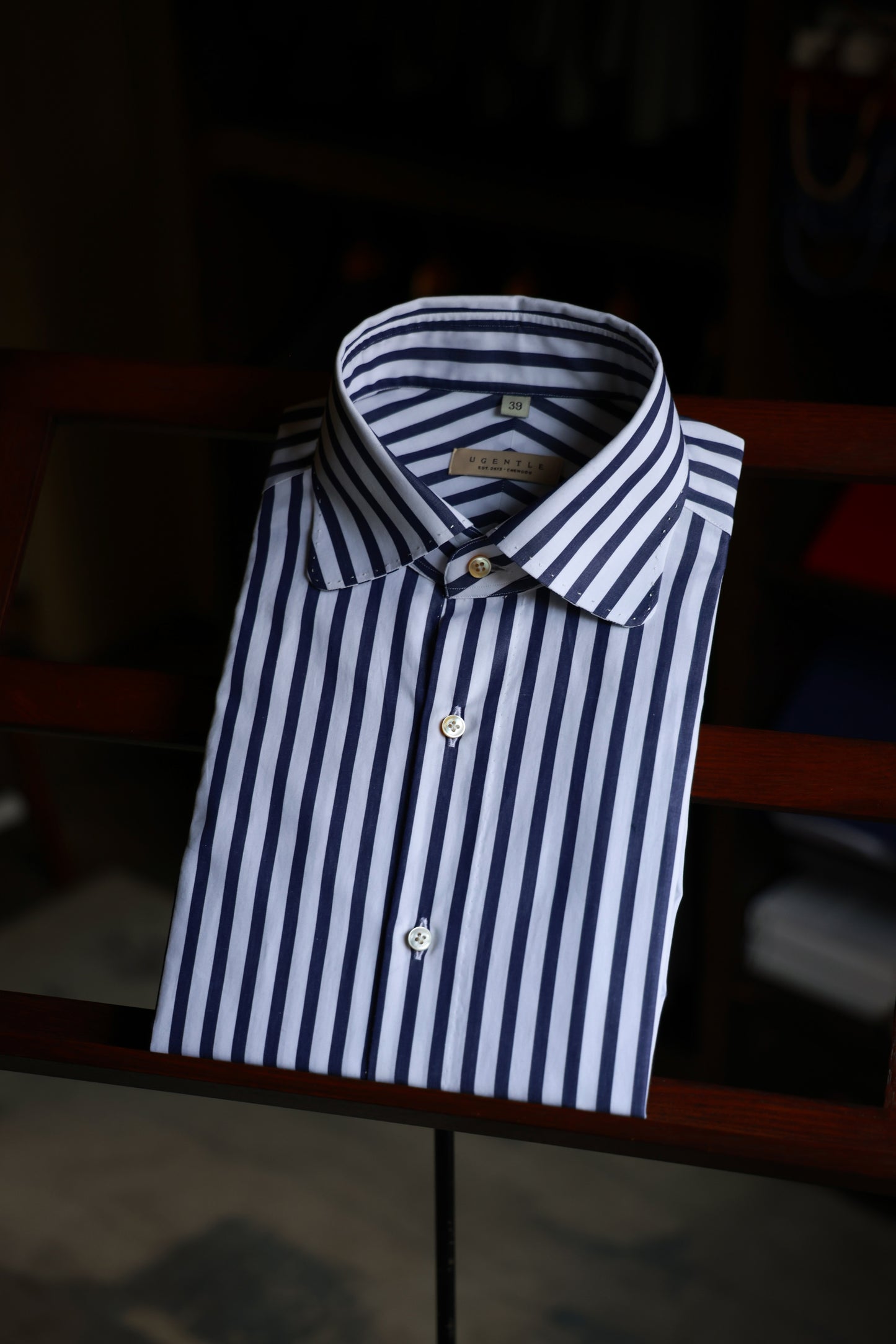 "Prussian Blue Stripe" Vintage Rounded Collar Handmade Seven-Step Shirt 