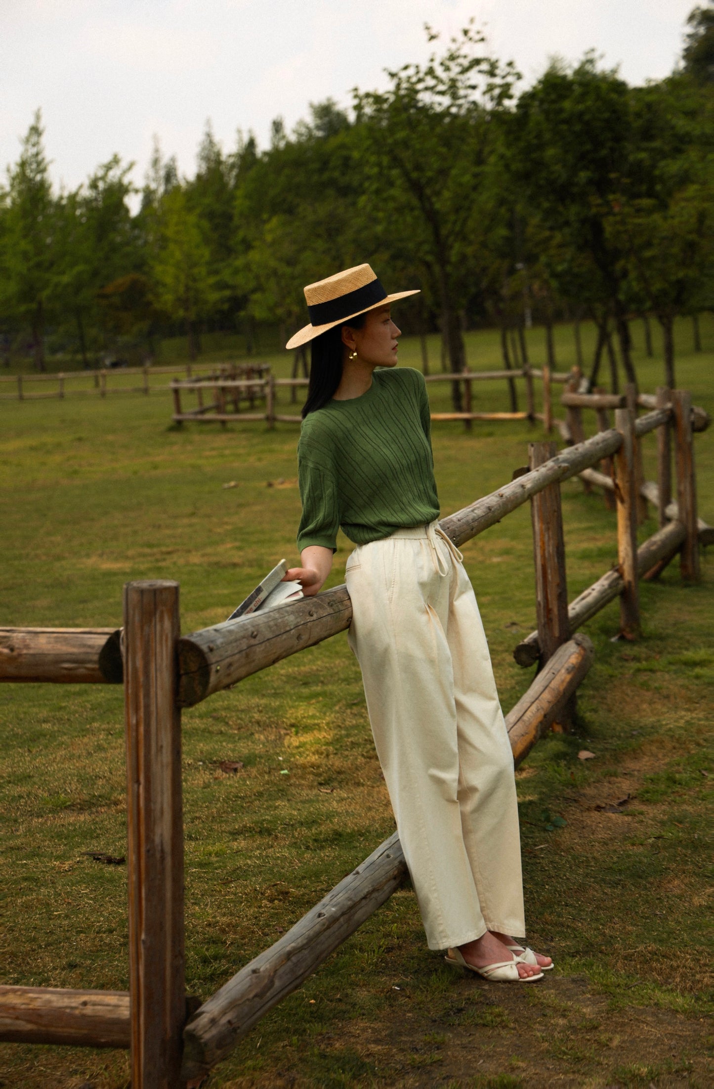 "Afternoon Beach" Cotton and Linen Drawstring Casual Pants 