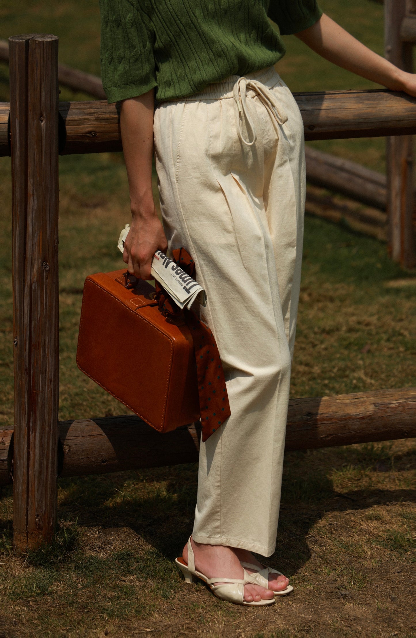 "Afternoon Beach" Cotton and Linen Drawstring Casual Pants 