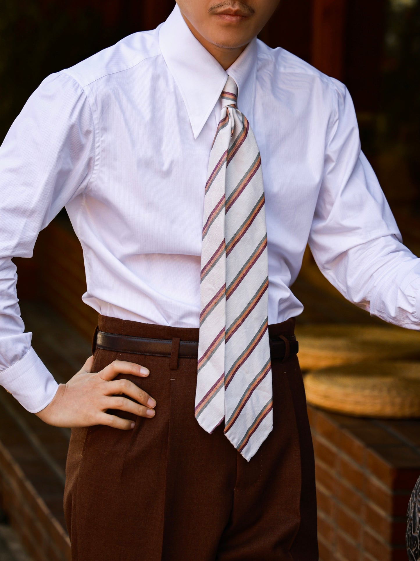 "Classic Creamy White Stripe" Tie 3 Fold Tie 