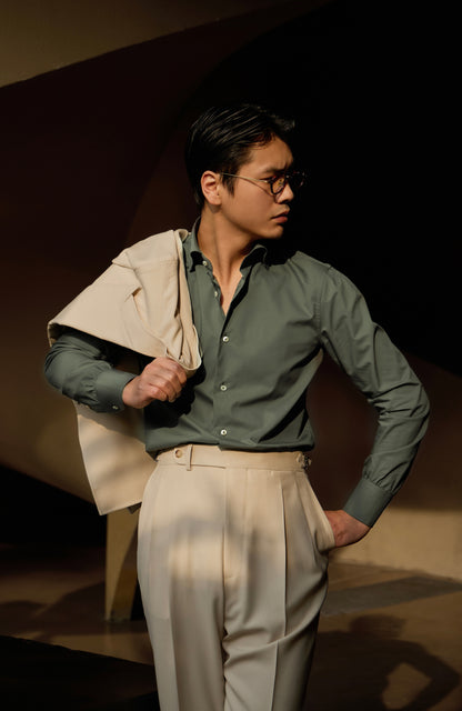 「Pine Rock Green」Italian-style Hidden-Button Spread Collar Pure-Cotton Gentleman's Long-Sleeve Shirt