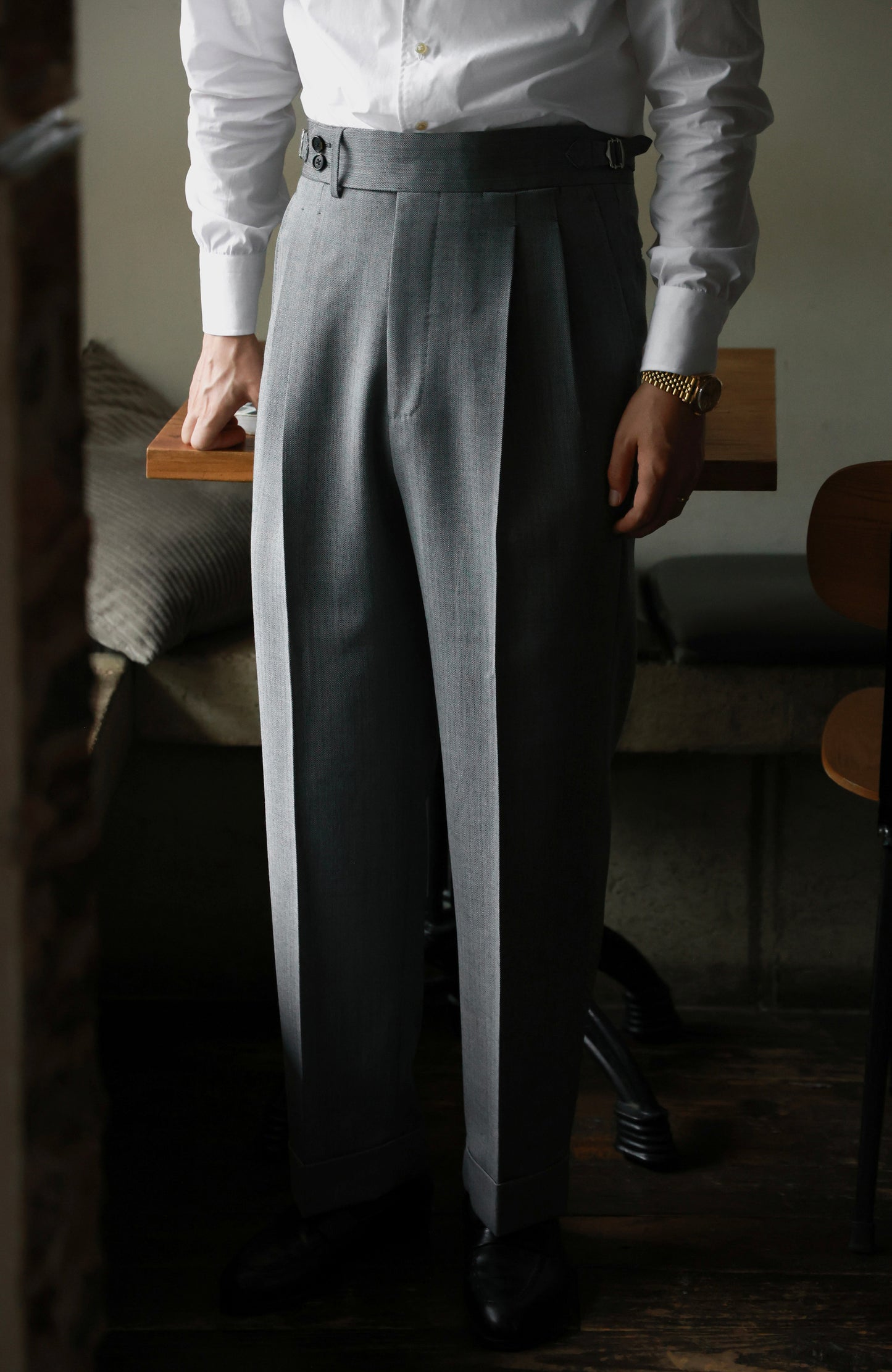 "Smoky Grey Herringbone Pattern" Trousers 