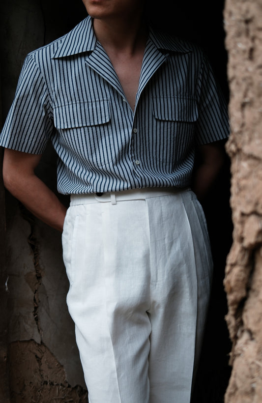 Cuban Collar Short Sleeve Shirt — Navy Stripe Seersucker
