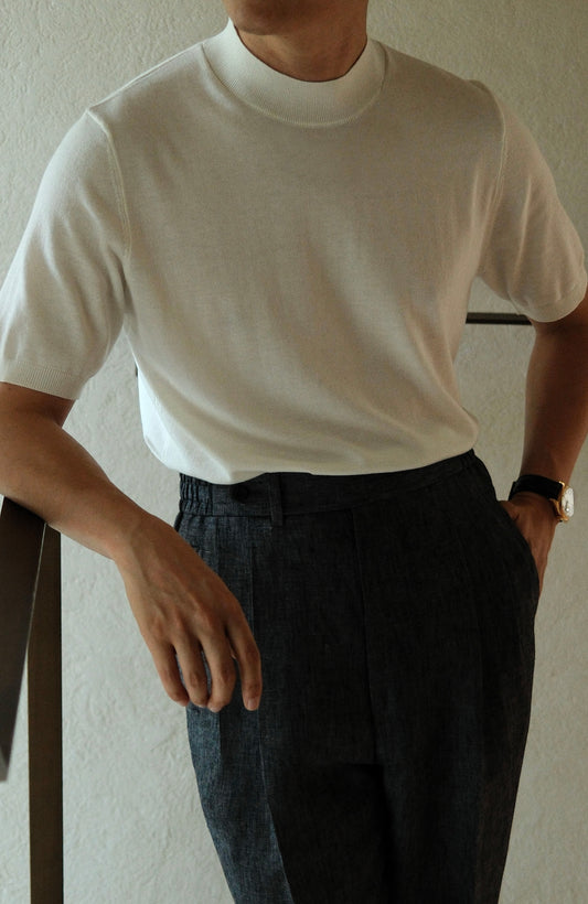 「Frosted White」Lambswool Blend for Cloud-Touch Mock Neck Short-Sleeve T-Shirt