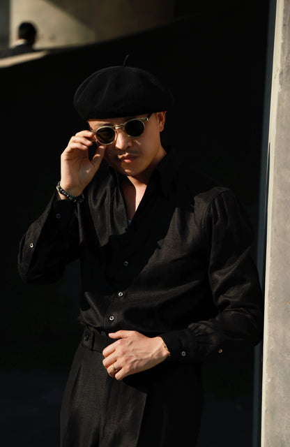 「Midnight Eclipse」Italian-style Vintage Pure linen One-piece Gentleman's Long-Sleeve Shirt