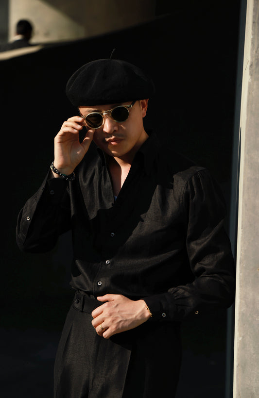 「Midnight Eclipse」Italian-style Vintage Pure linen One-piece Gentleman's Long-Sleeve Shirt