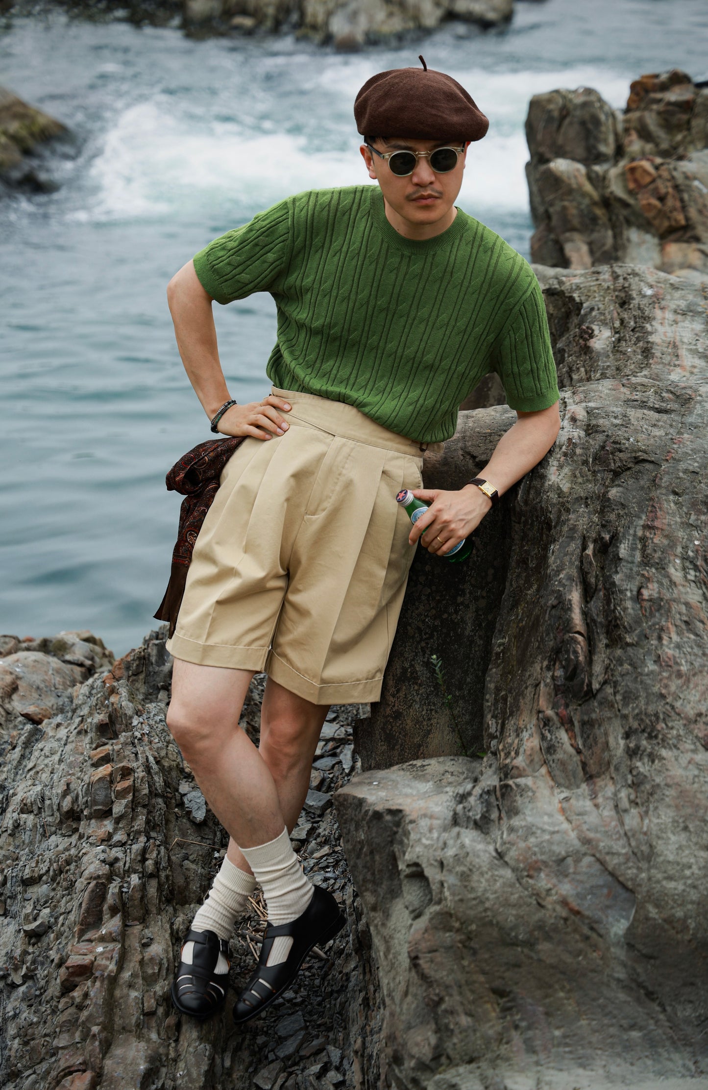 「Bamboo Emerald」cable stitch linen Unisex Dropped-shoulder sleeve Knit Short-Sleeve T-Shirt