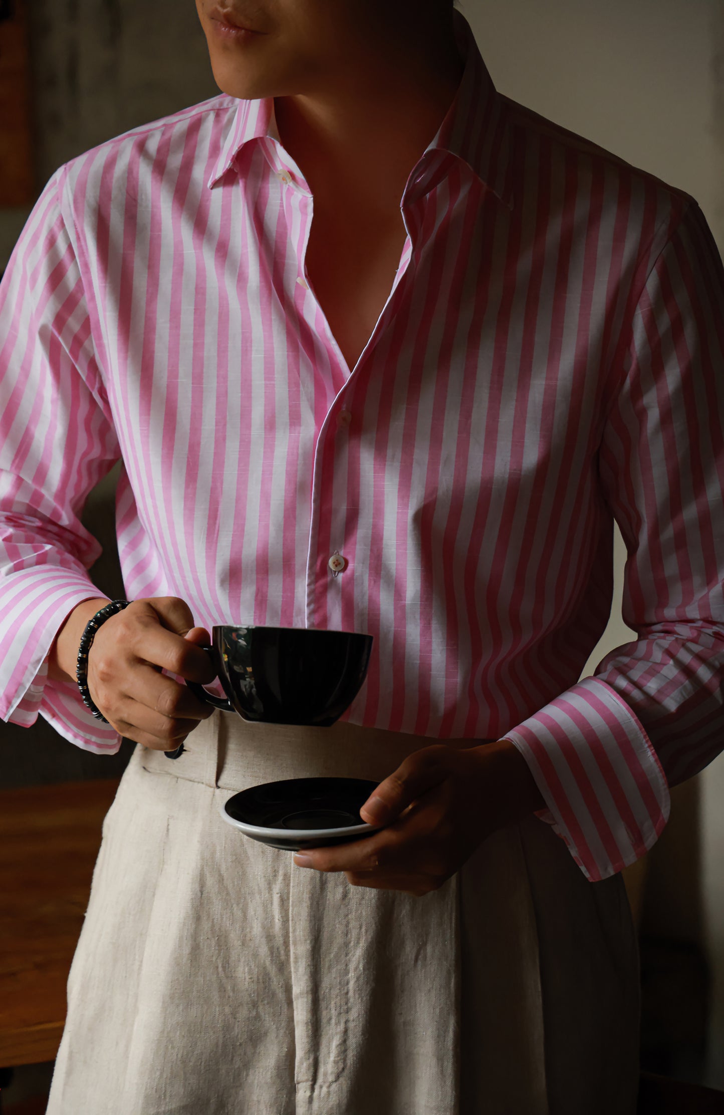 Spread Collar Shirt — Pink wide stripe