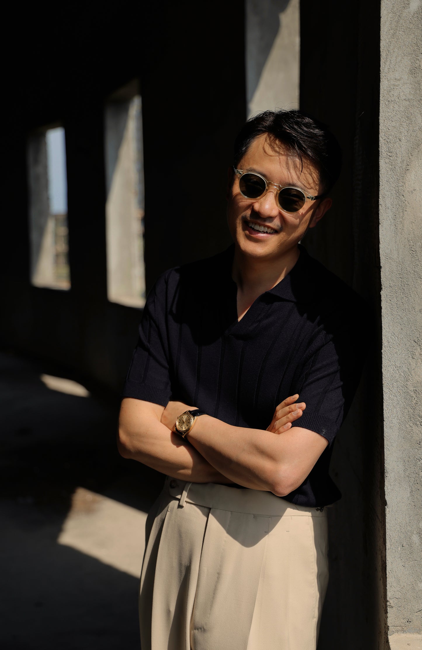 「Notturno Blue」Mulberry silk-cashmere blend Unisex Knit Short-Sleeve Polo Shirt