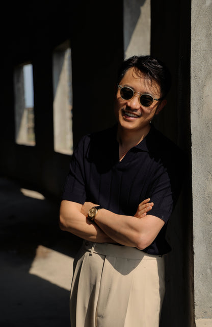 「Notturno Blue」Mulberry silk-cashmere blend Unisex Knit Short-Sleeve Polo Shirt