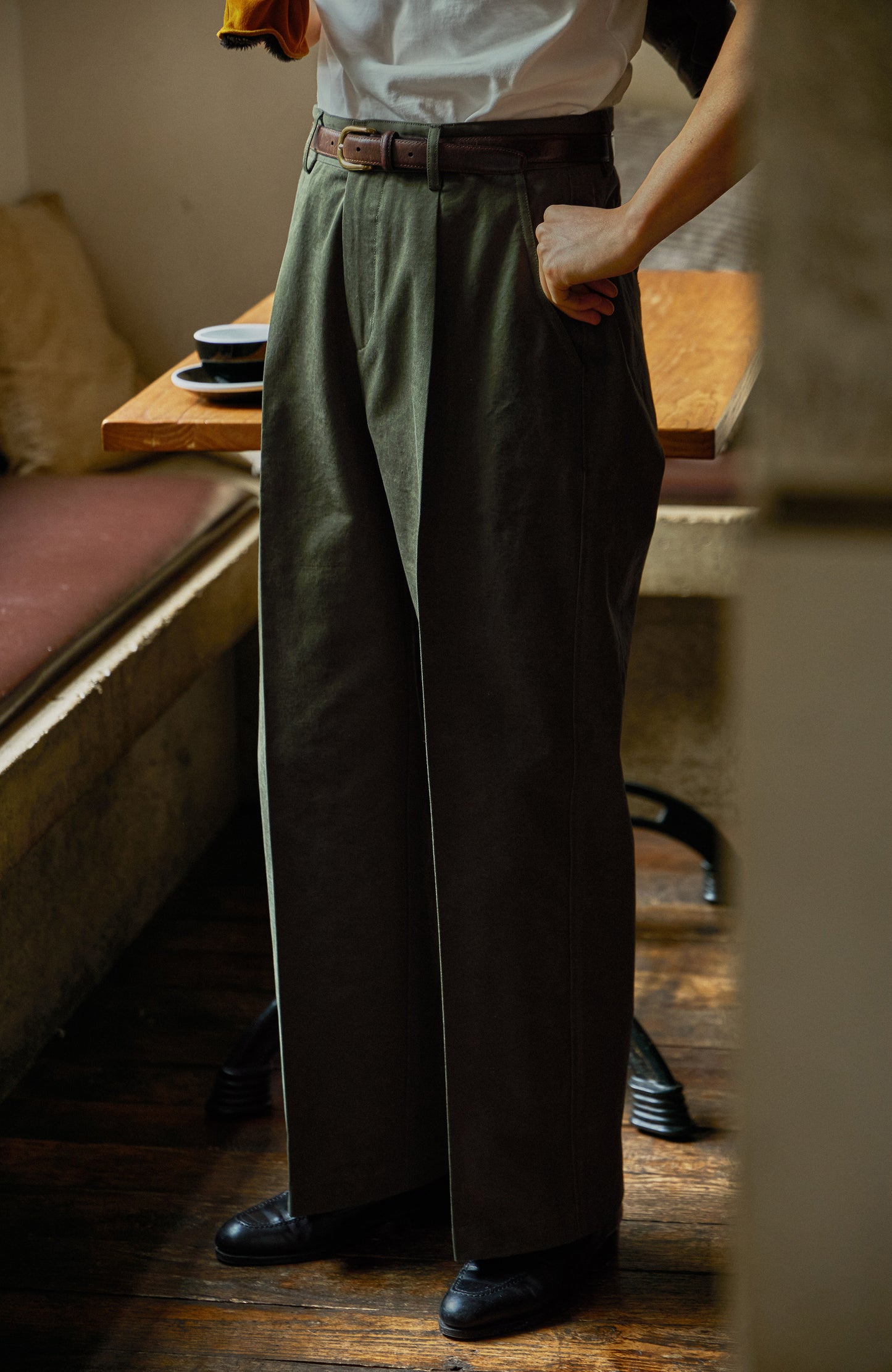 「Mist Forest」Vintage High-density-Cotton High-Waisted Wide-Leg Pant