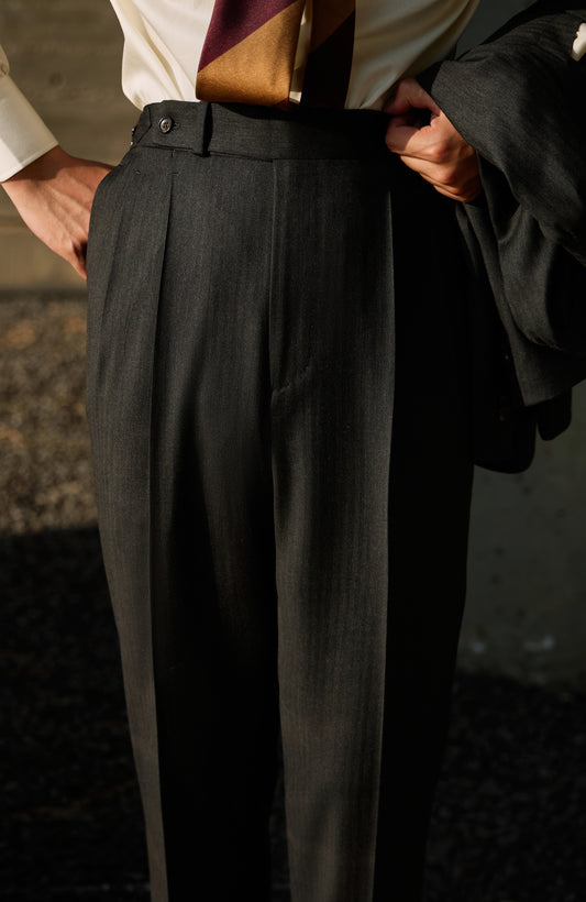 「Ink Herringbone」Suit Trousers with Italian-style Pure-wool Parisian Side Adjusters