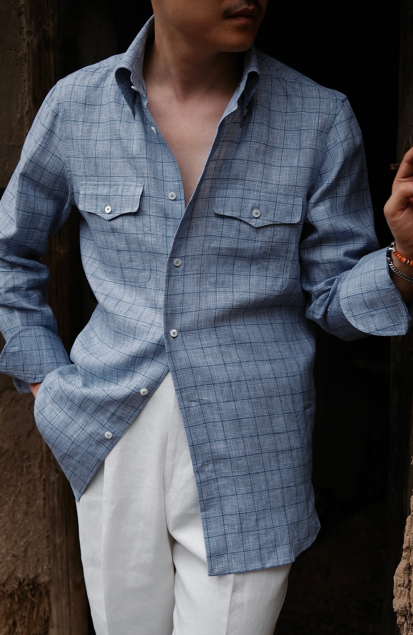 Button Down Collar Linen Shirt — Misty Blue Check
