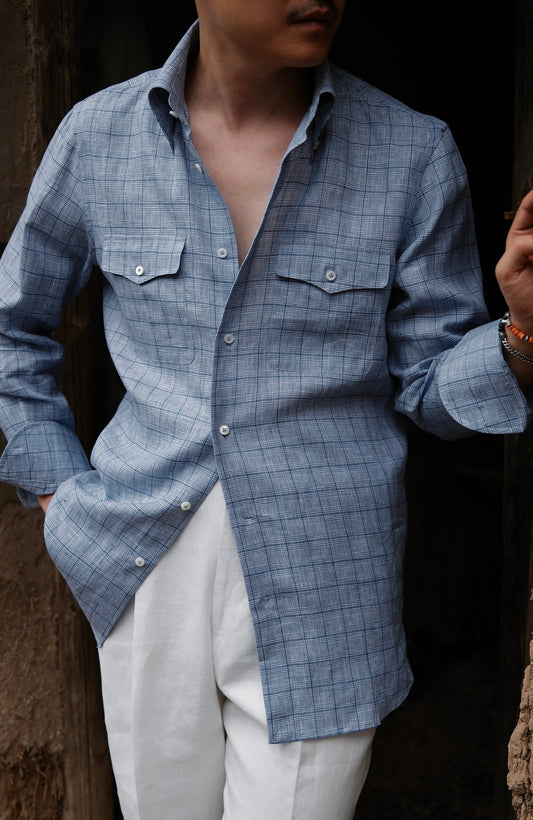 Button Down Collar Linen Shirt — Misty Blue Check
